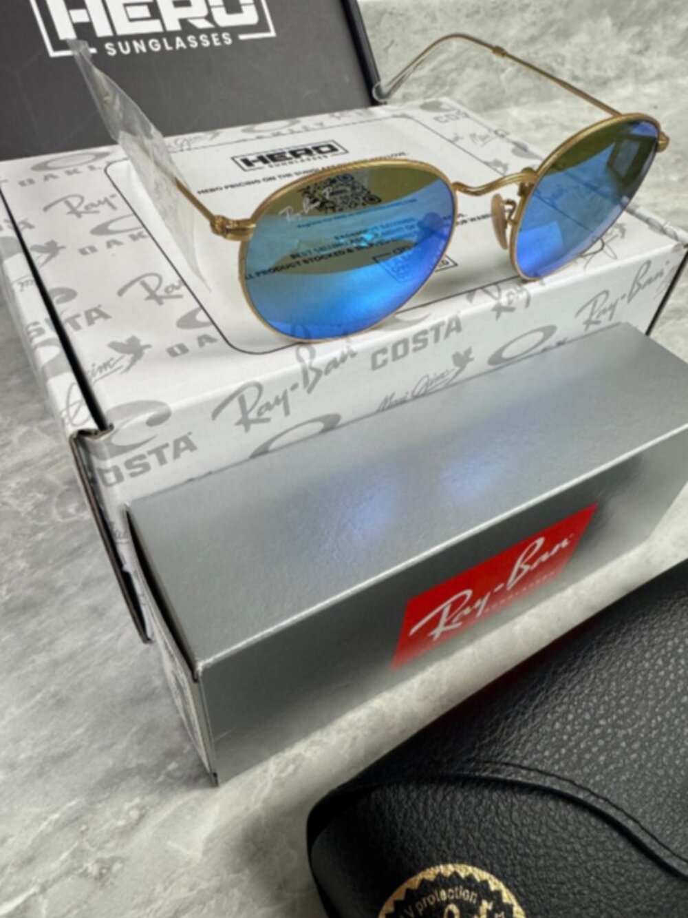 RAY BAN | NEW | ROUND MEDIUM | 3447 112 - 4L | MATTE GOLD | BLUE MIRROR - Picture 2 of 4